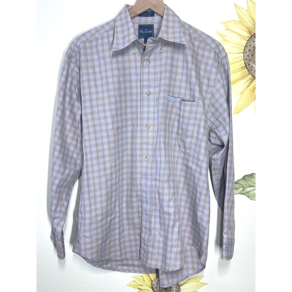 Faconnable Mens Small Blue Tan Plaid Cotton Long Sleeve Button Down Shirt